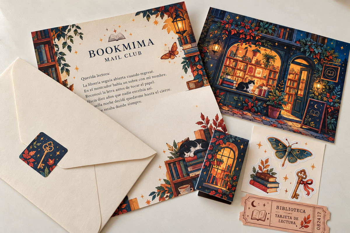 Propuesta visual del sobre Bookmima Mail Club con carta y papelería ilustrada.