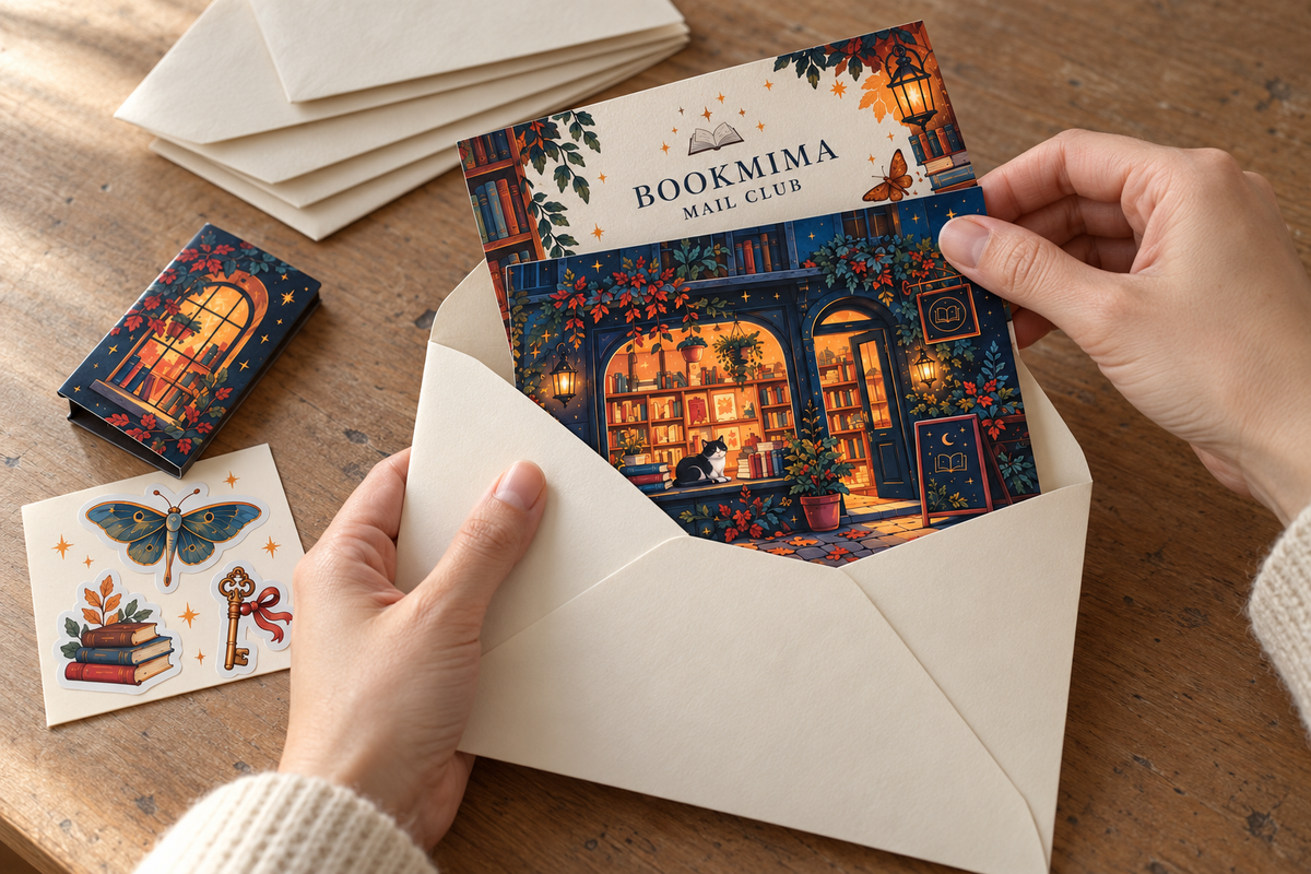 Propuesta visual de la preparación de un sobre Bookmima Mail Club.