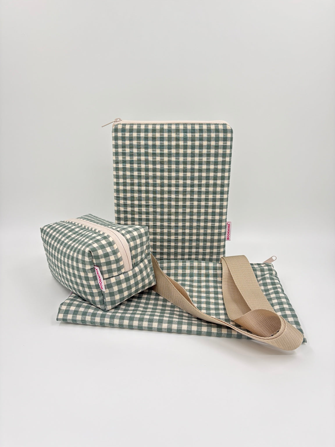 Tote bag, neceser BOX y funda de lectura Oliva Bookmima en verde oliva y crema